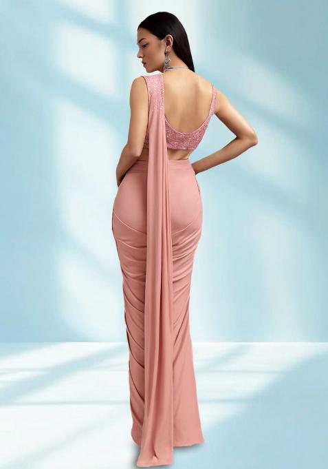 Peach Sequin Embellished Blouse Georgette Pre Draped Saree Set