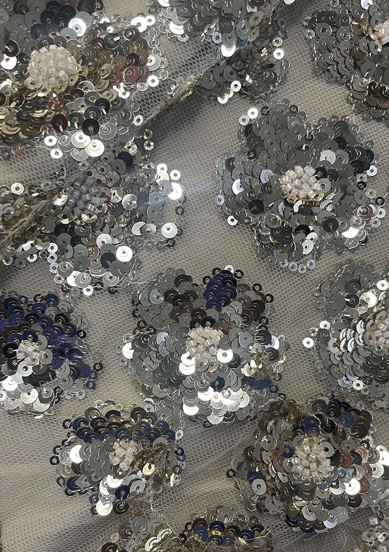 Grey Sequin Embellished Blouse Georgette Pre Draped Saree Set - Indya