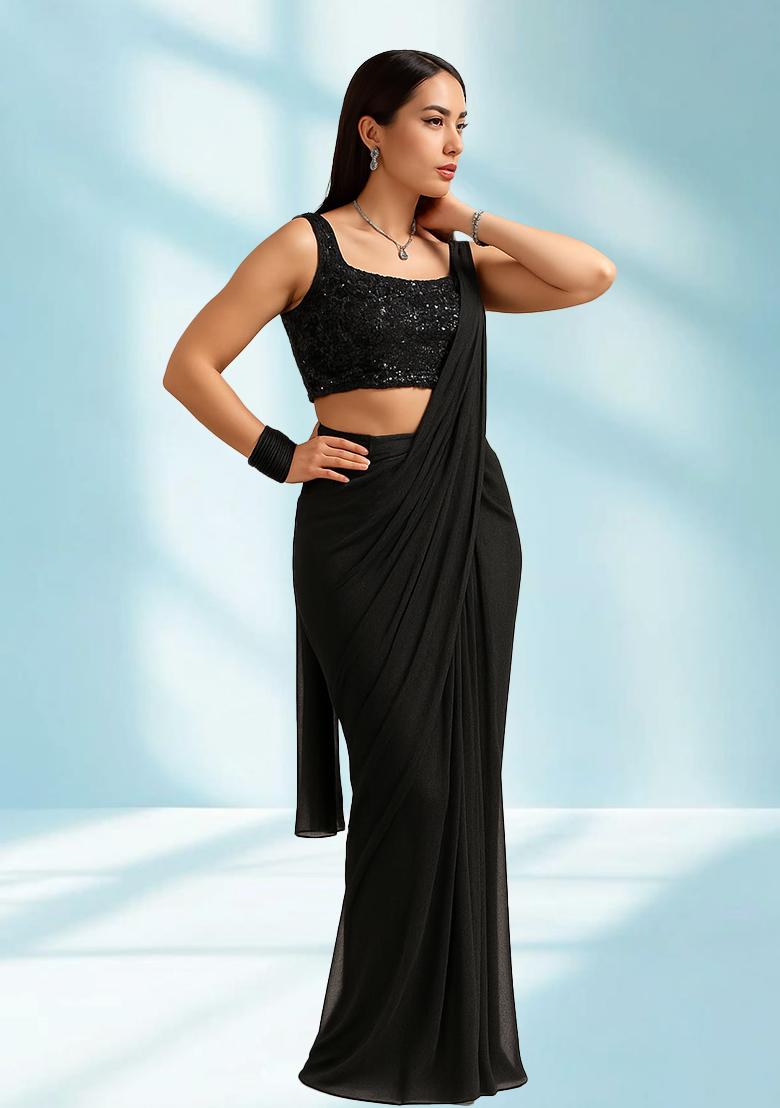 Black Sequin Embellished Blouse Georgette Pre Draped Saree Set