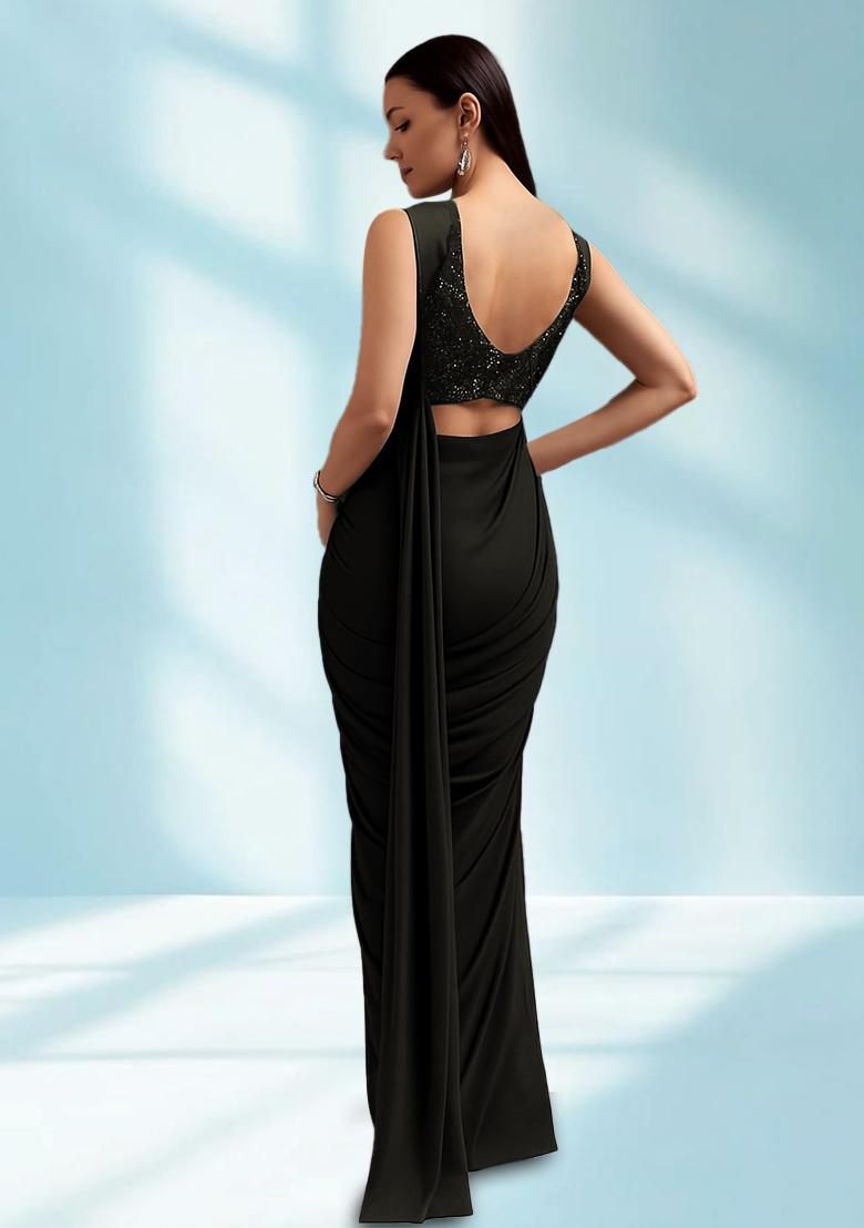 Black Sequin Embellished Blouse Georgette Pre Draped Saree Set