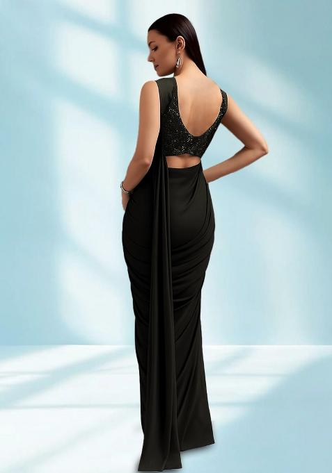Black Sequin Embellished Blouse Georgette Pre Draped Saree Set