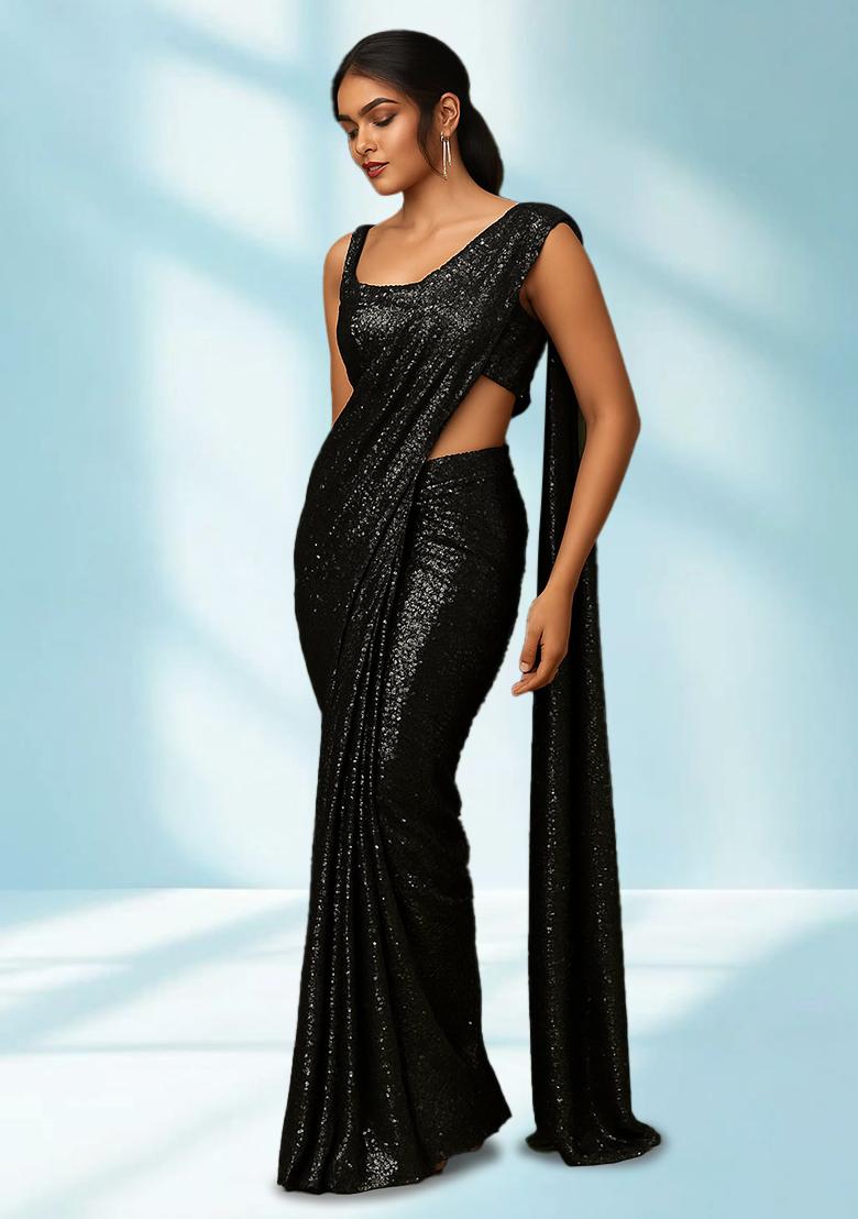 Black Sequin Embroidered Net Pre Draped Saree Set