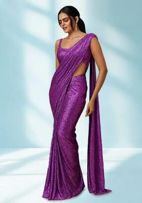 Purple Sequin Net Pre Draped Saree Set