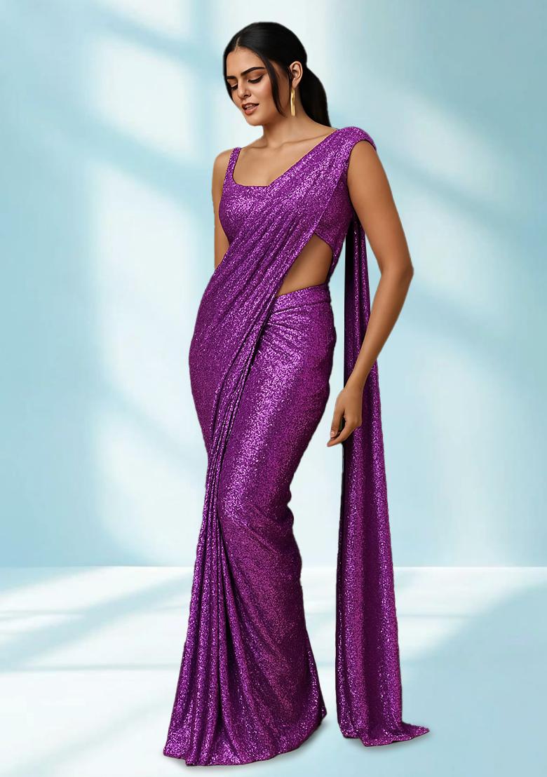 Purple Sequin Net Pre Draped Saree Set - Indya