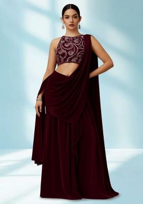 Maroon Sequin Embellished Blouse Georgette Pre Draped Saree Set