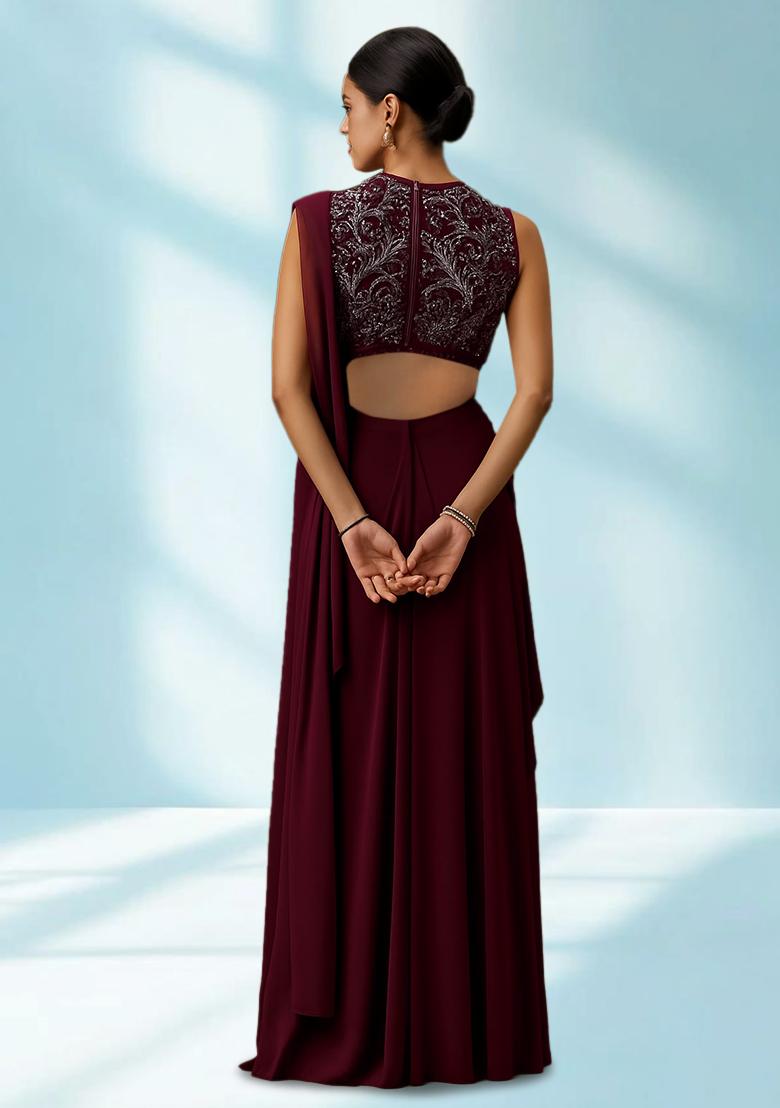 Maroon Sequin Embellished Blouse Georgette Pre Draped Saree Set