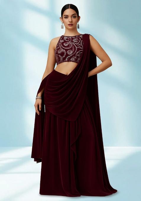 Maroon Sequin Embellished Blouse Georgette Pre Draped Saree Set
