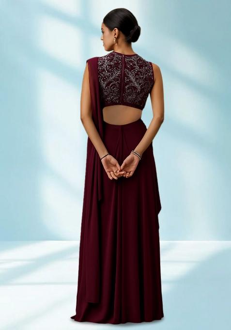 Maroon Sequin Embellished Blouse Georgette Pre Draped Saree Set