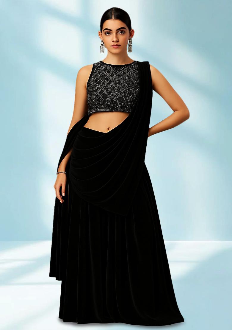 Black Sequin Embellished Blouse Georgette Pre Draped Saree Set