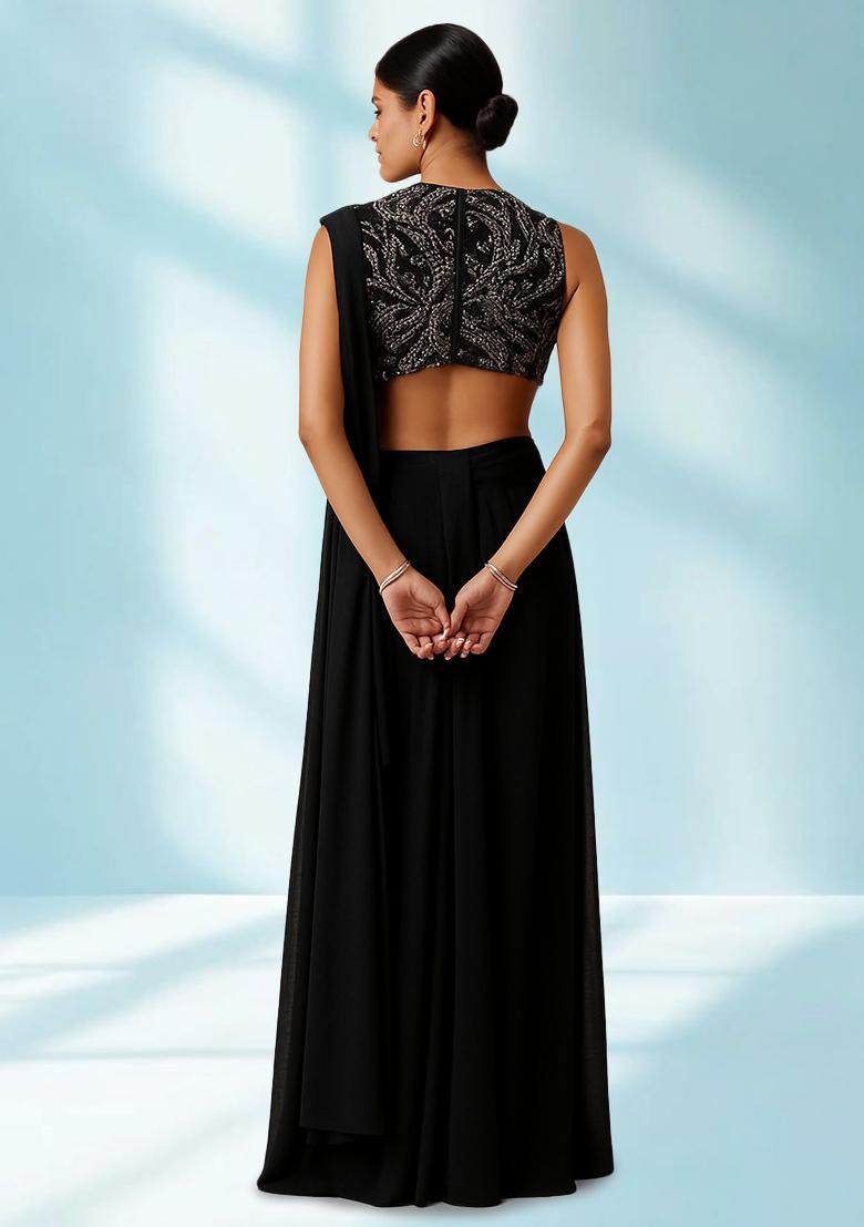 Black Sequin Embellished Blouse Georgette Pre Draped Saree Set