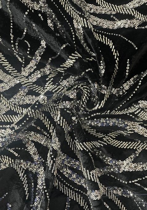 Black Sequin Embellished Blouse Georgette Pre Draped Saree Set