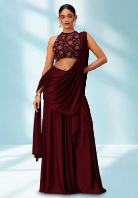 Maroon Sequin Embellished Blouse Georgette Pre Draped Saree Set