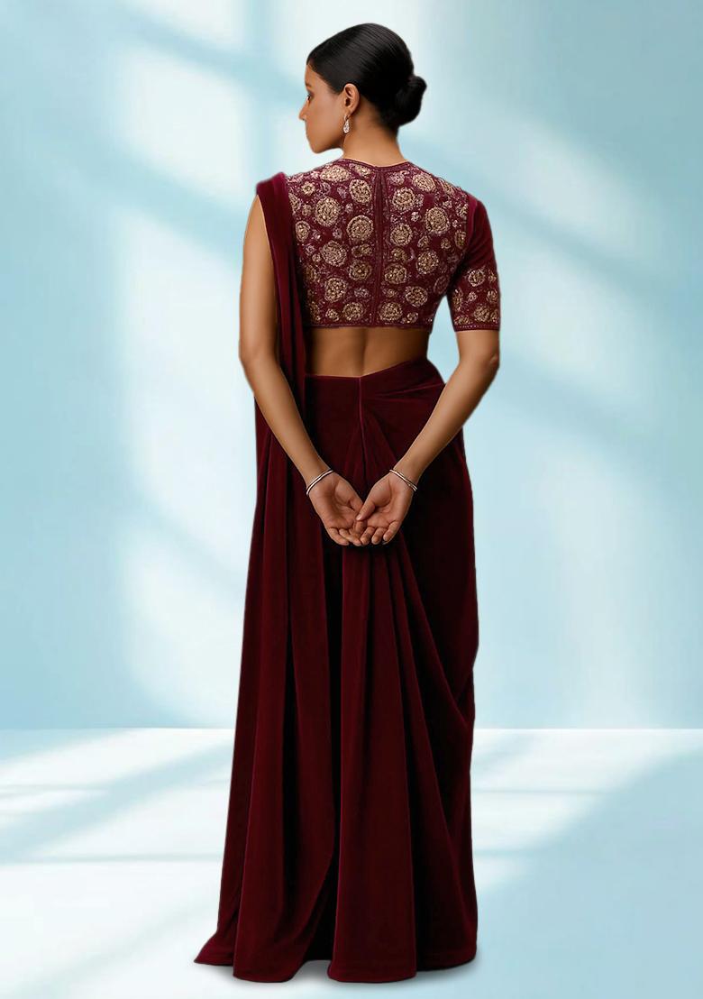 Maroon Sequin Embellished Blouse Georgette Pre Draped Saree Set