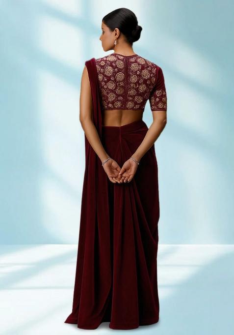 Maroon Sequin Embellished Blouse Georgette Pre Draped Saree Set