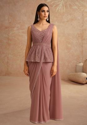 Dusty Pink Sequin Embellished Blouse Georgette Pre Draped Saree Set