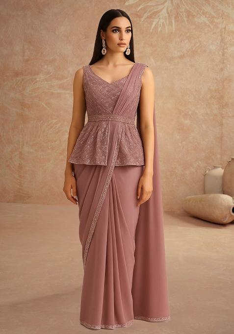 Dusty Pink Sequin Embellished Blouse Georgette Pre Draped Saree Set