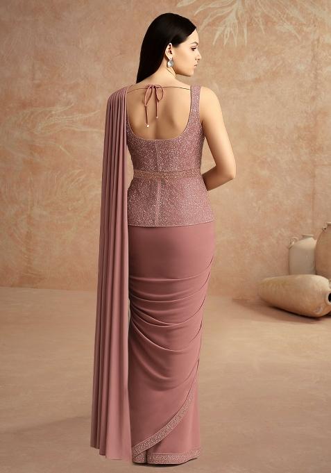 Dusty Pink Sequin Embellished Blouse Georgette Pre Draped Saree Set