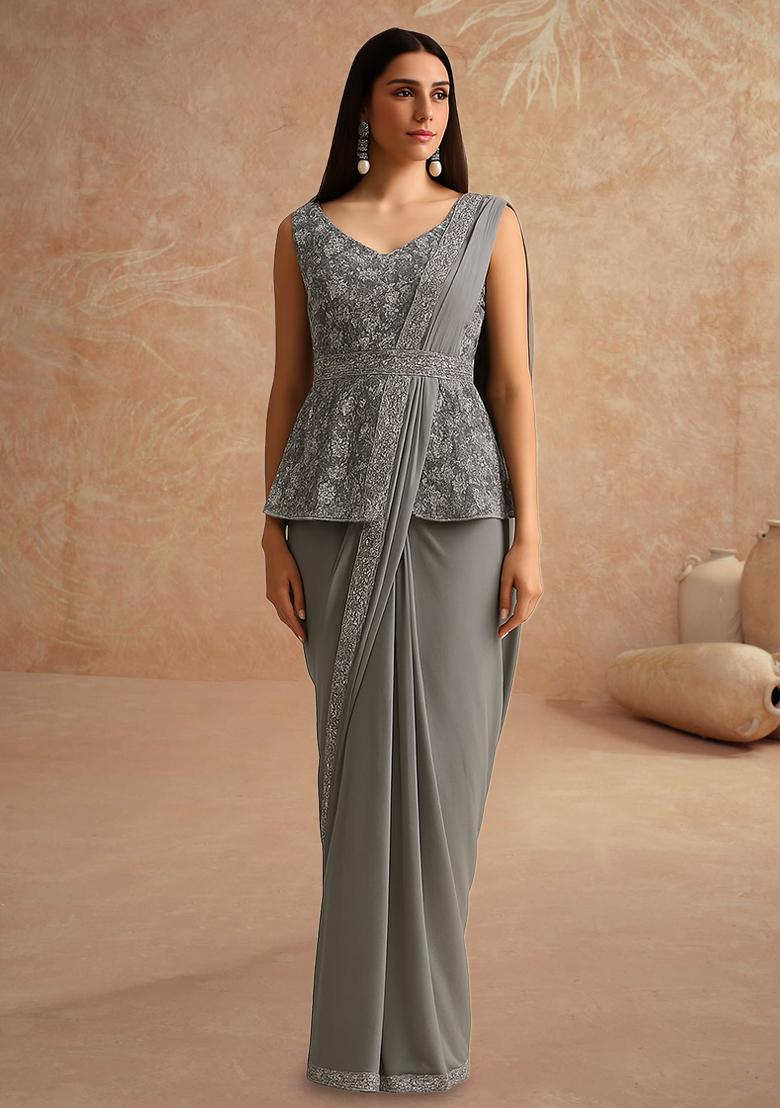 Grey Sequin Embellished Blouse Georgette Pre Draped Saree Set