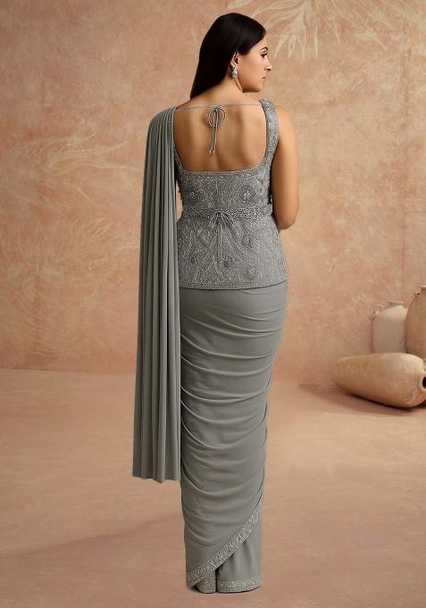 Grey Sequin Embellished Blouse Georgette Pre Draped Saree Set