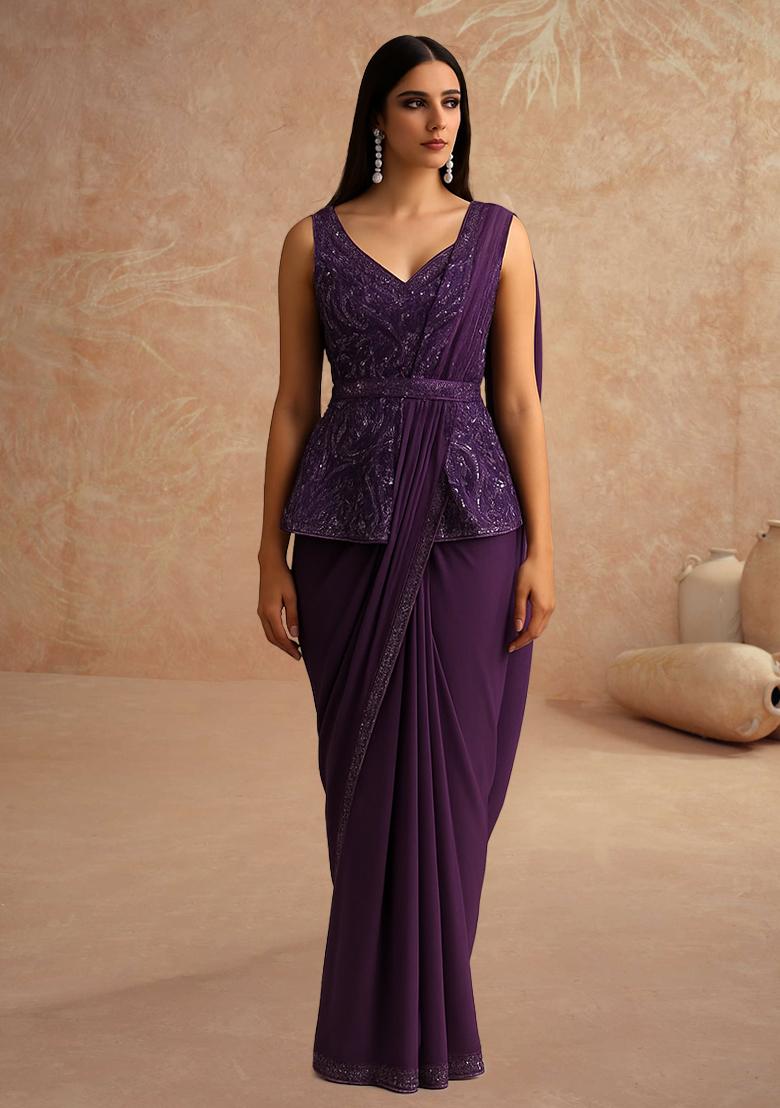 Purple Sequin Embellished Blouse Georgette Pre Draped Saree Set