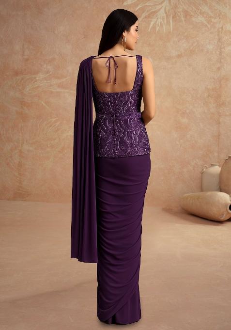 Purple Sequin Embellished Blouse Georgette Pre Draped Saree Set