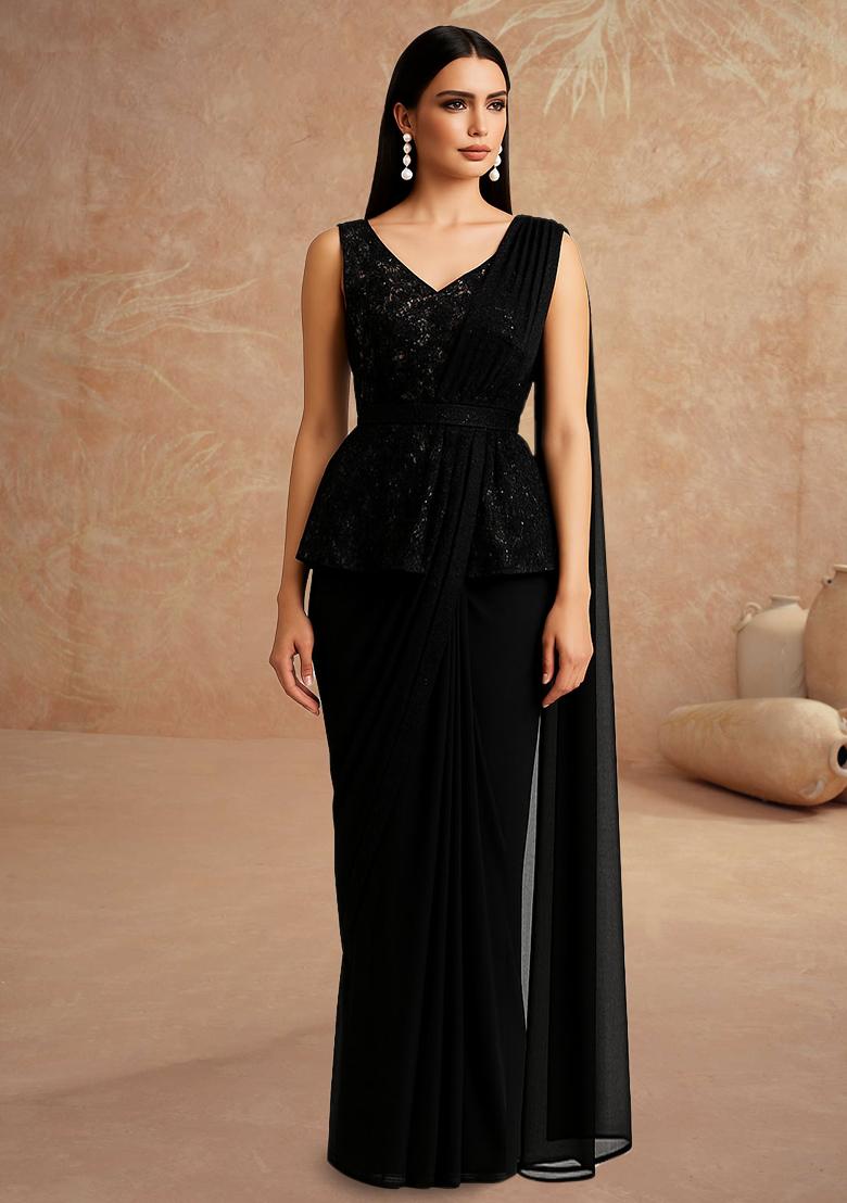 Black Sequin Embellished Blouse Georgette Pre Draped Saree Set