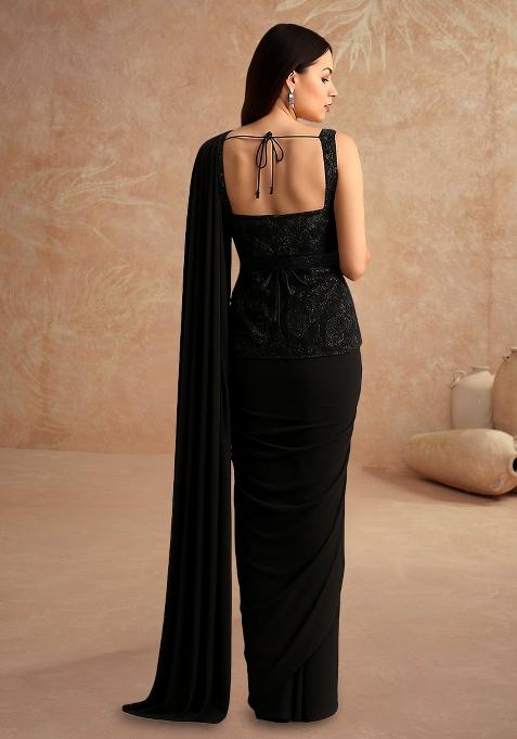 Black Sequin Embellished Blouse Georgette Pre Draped Saree Set