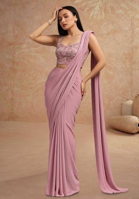 Dusty Pink Sequin Embroidered Blouse Georgette Pre Draped Saree Set