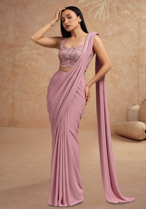 Dusty Pink Sequin Embroidered Blouse Georgette Pre Draped Saree Set