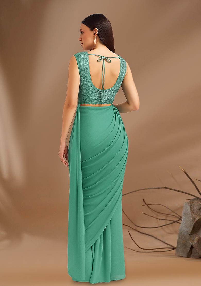 Sea Green Sequin Embroidered Blouse Georgette Pre Draped Saree Set - Indya