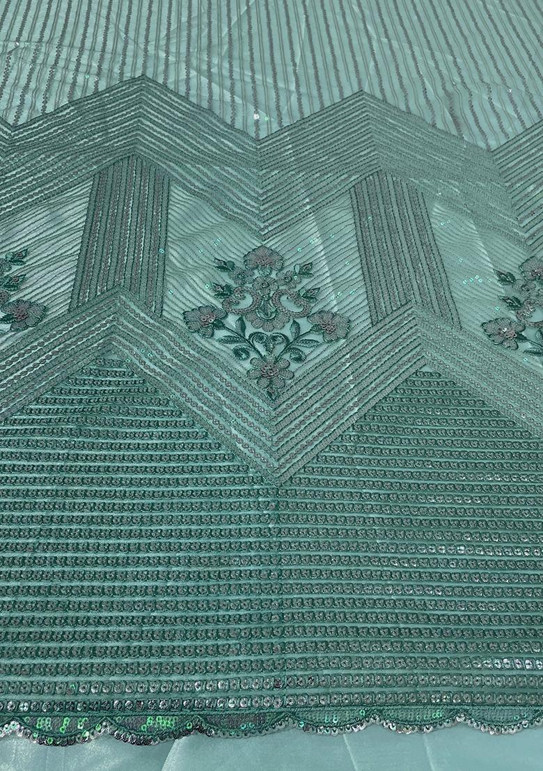 Sea Green Sequin Embroidered Blouse Georgette Pre Draped Saree Set - Indya