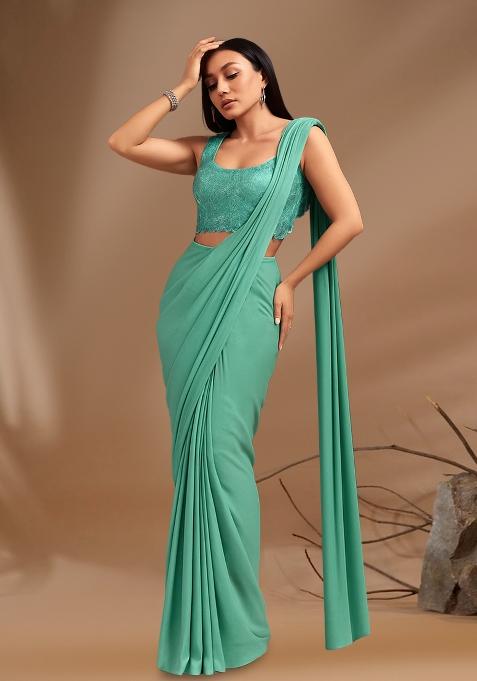 Sea Green Sequin Embroidered Blouse Georgette Pre Draped Saree Set