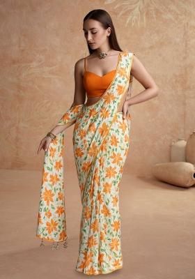 Multicolor Printed Crepe Pre Draped Saree Set