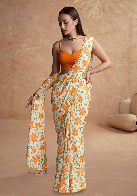 Multicolor Printed Crepe Pre Draped Saree Set