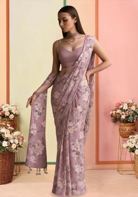 Light Pink Printed Georgette Pre Draped Saree Set