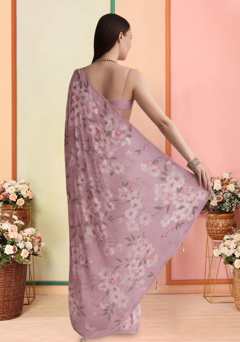 Light Pink Printed Georgette Pre Draped Saree Set - Indya