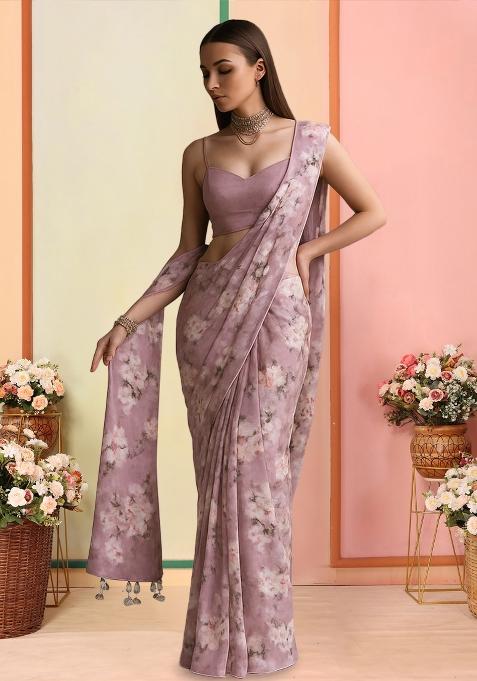 Light Pink Printed Georgette Pre Draped Saree Set