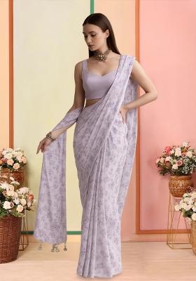 Lilac Printed Georgette Pre Draped Saree Set