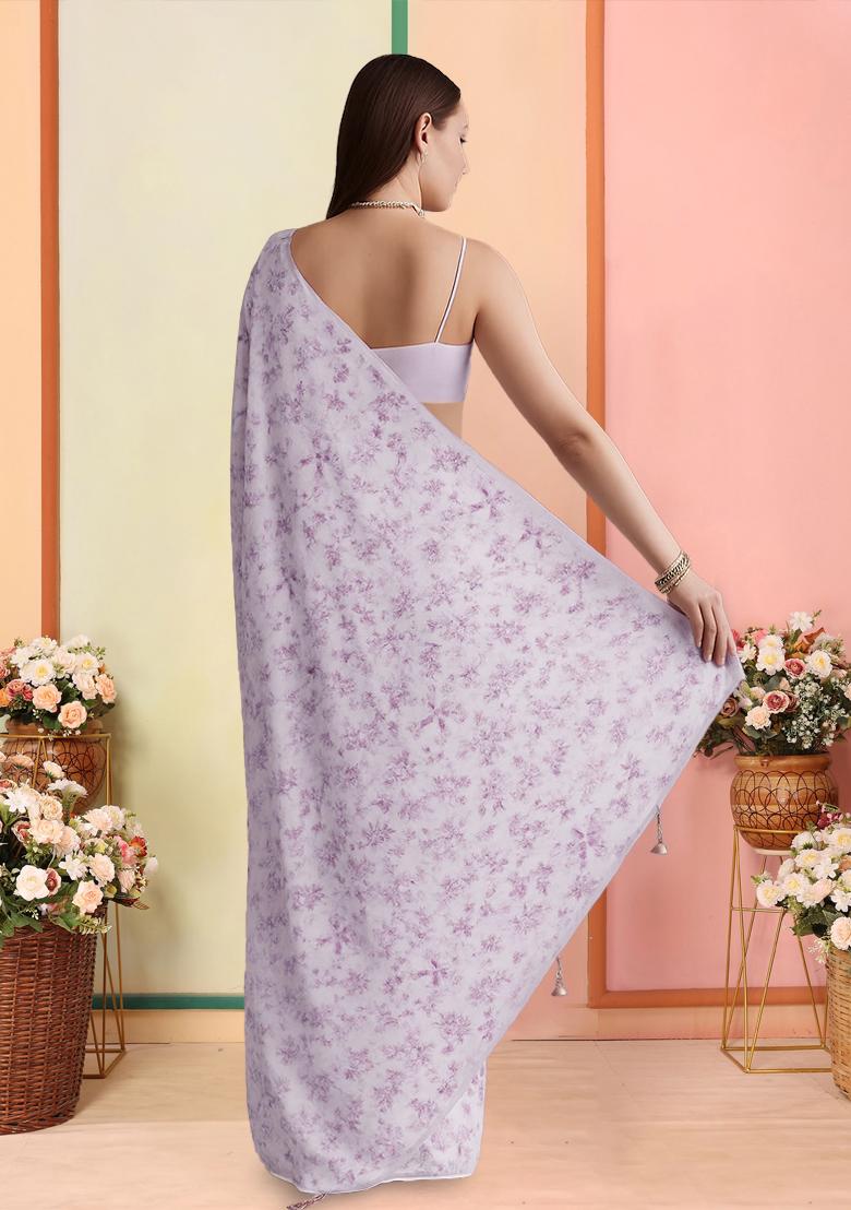 Lilac Printed Georgette Pre Draped Saree Set - Indya