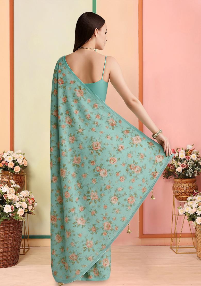 Sage Green Printed Georgette Pre Draped Saree Set - Indya