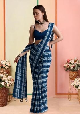 Royal Blue Printed Crepe Pre Draped Saree Set