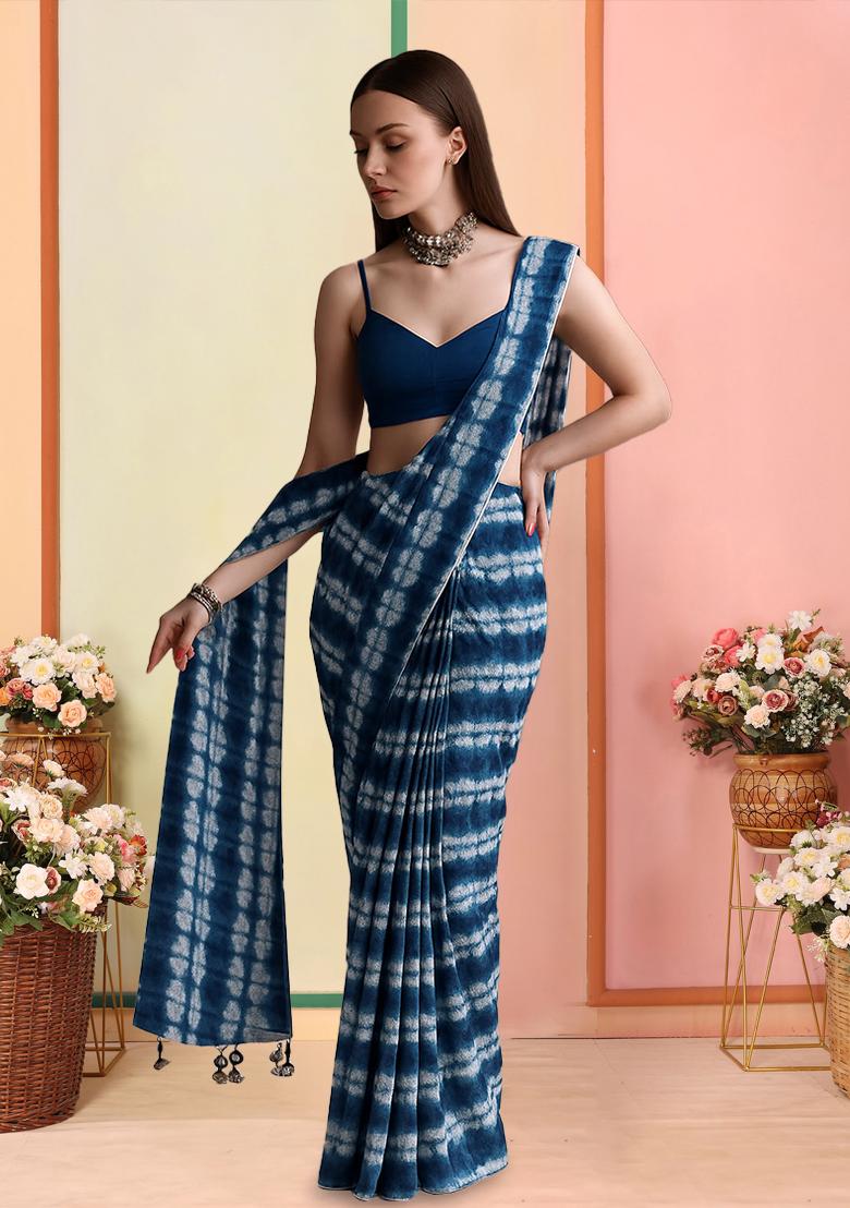 Royal Blue Printed Crepe Pre Draped Saree Set