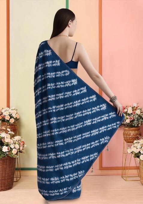 Royal Blue Printed Crepe Pre Draped Saree Set