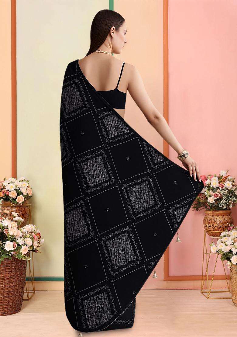 Black Printed Crepe Pre Draped Saree Set - Indya
