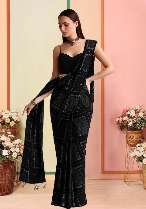 Black Printed Crepe Pre Draped Saree Set
