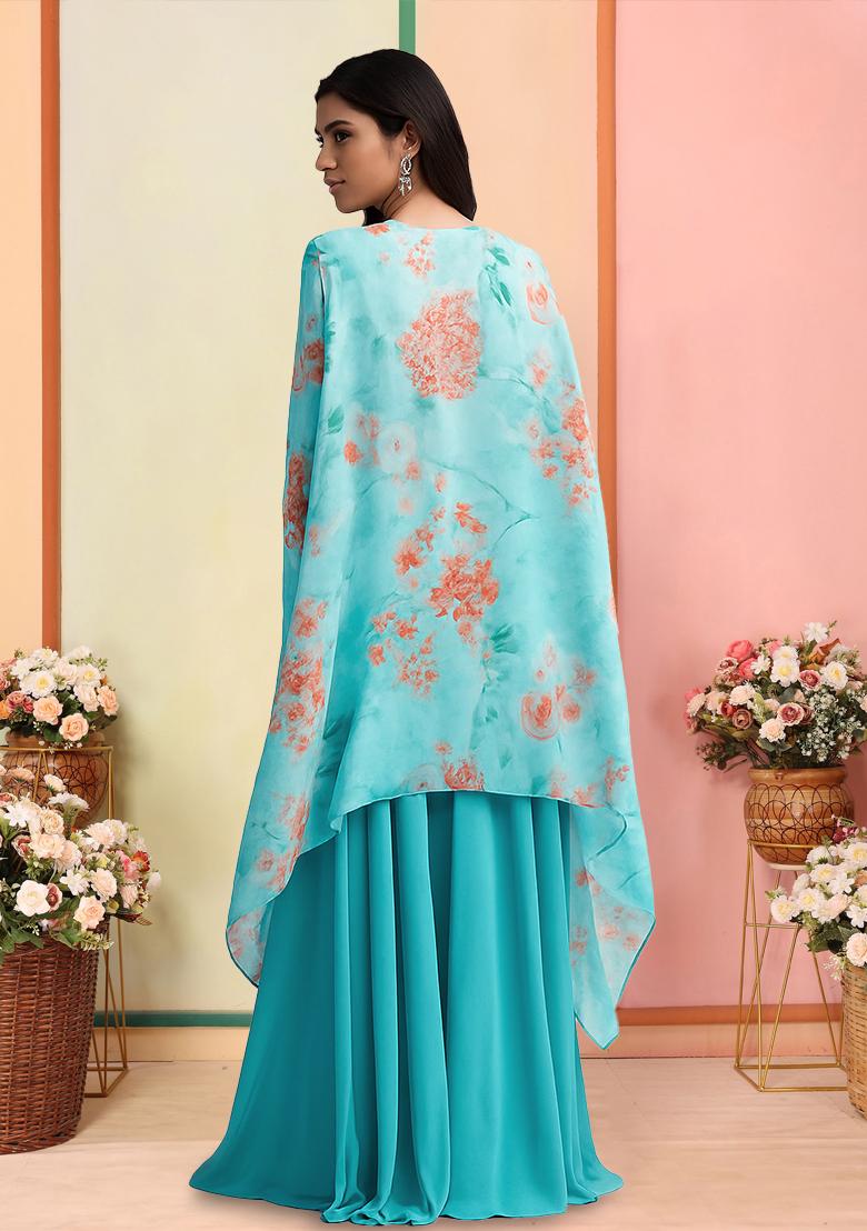 Sky Blue Printed Crepe Fusion Set - Indya