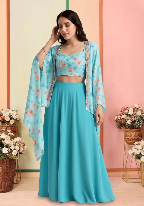 Sky Blue Printed Crepe Lehenga Set