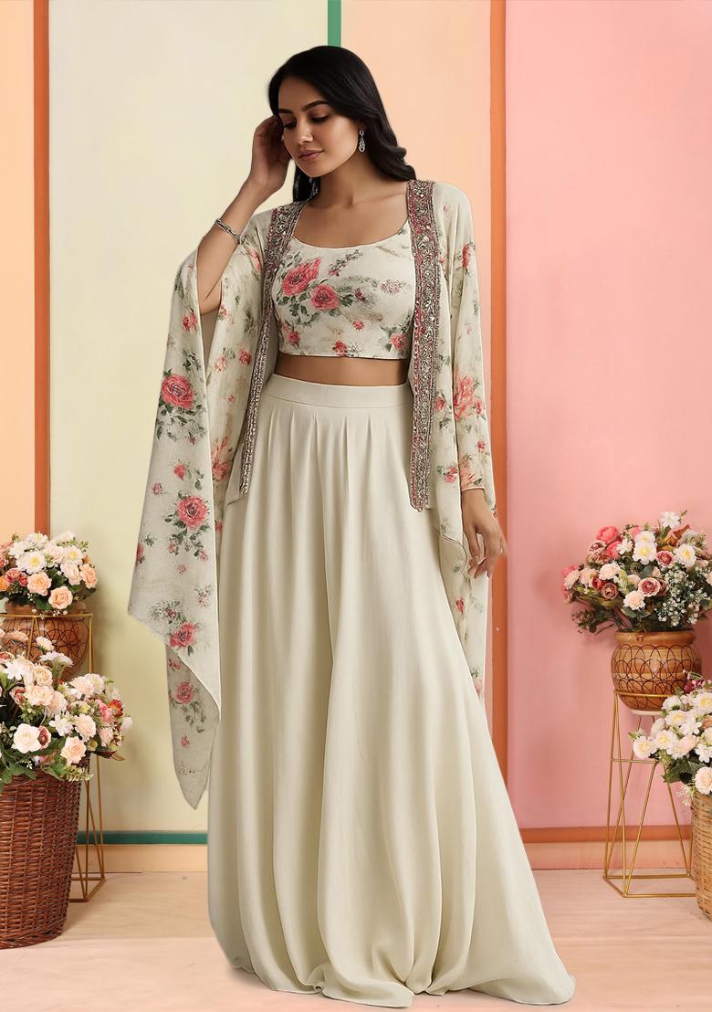 Off White Printed Crepe Lehenga Set