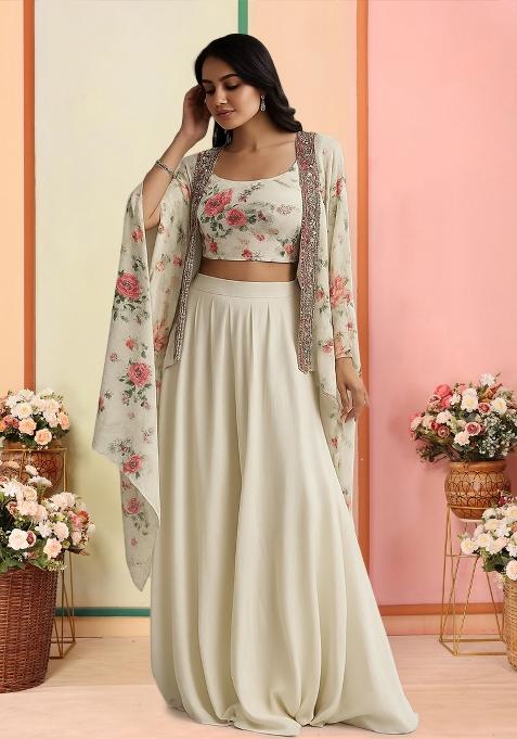 Off White Printed Crepe Lehenga Set
