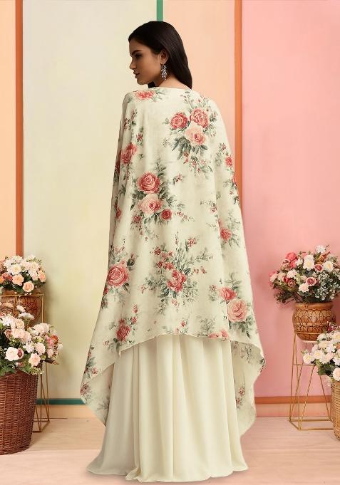 Off White Printed Crepe Lehenga Set